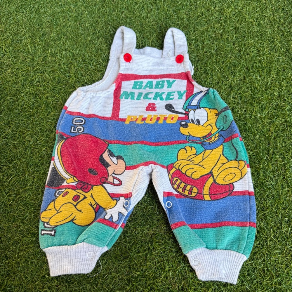 Vtg 90s Disney Baby Mickey Pluto Football Overalls Romper‎ Striped AOP Kidcore